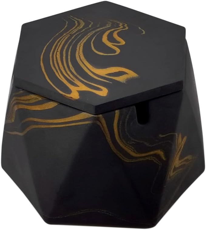 FREELOVE Concrete Ashtray with Lid & Stainless Steel Ashtrays for Cigarettes, Cement Ash Tray Smoking Holder Indoor Smokeless Outdoor Windproof Patio Home Office Cool Decor(Black-Gold, Large)
