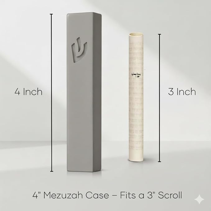 SURI Mezuzah for Door – 4 Inch Light Gray Concrete Mezuzah Case with Printed Scroll, Judaica Entry Design, Fits a 3 Inch Mezuza Scroll, Gift Box Included