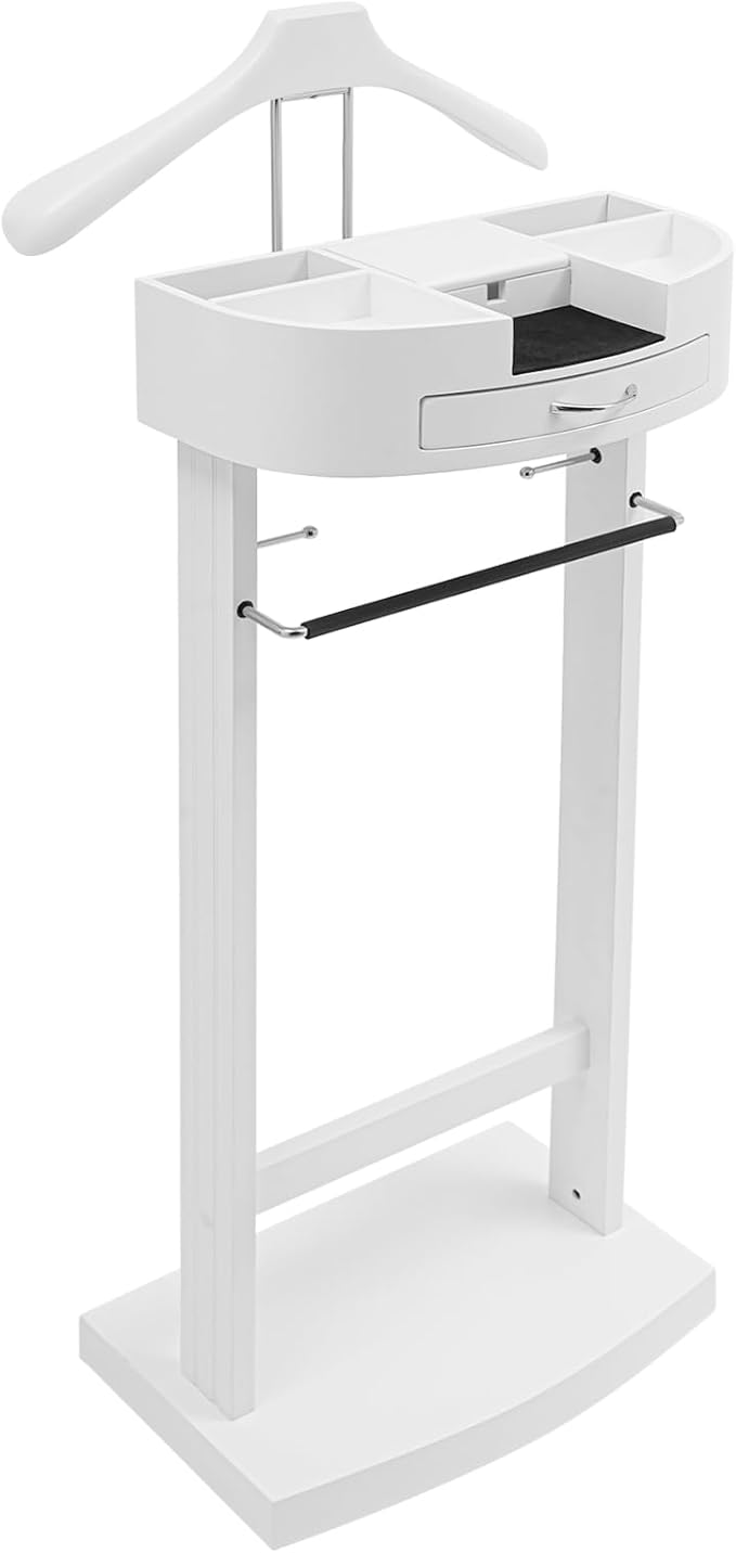 Mens Valet Stand, Freestanding Suit Clothes Valet Stand with Tray, Tie Bar, Drawer and Shoe Rack for Office Living Room, 17.32 * 11.81 * 44.09in (White)