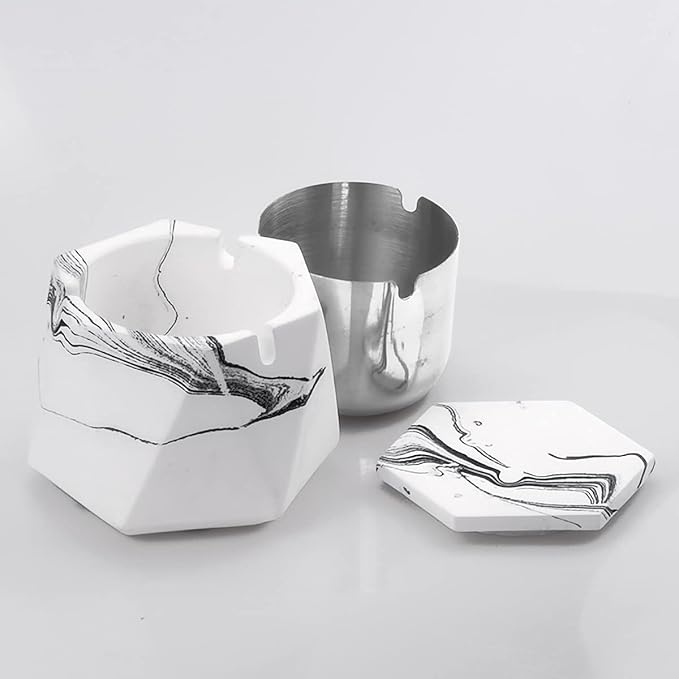 FREELOVE Concrete Ashtray with Lid & Stainless Steel Ashtrays for Cigarettes, Cement Ash Tray Smoking Holder Indoor Smokeless Outdoor Windproof Patio Home Office Cool Decor(White Marble, Large)