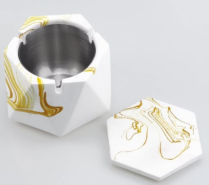 FREELOVE Concrete Ashtray with Lid & Stainless Steel Ashtrays for Cigarettes, Cement Ash Tray Smoking Holder Indoor Smokeless Outdoor Windproof Patio Home Office Cool Decor(Gold Marble, Large)
