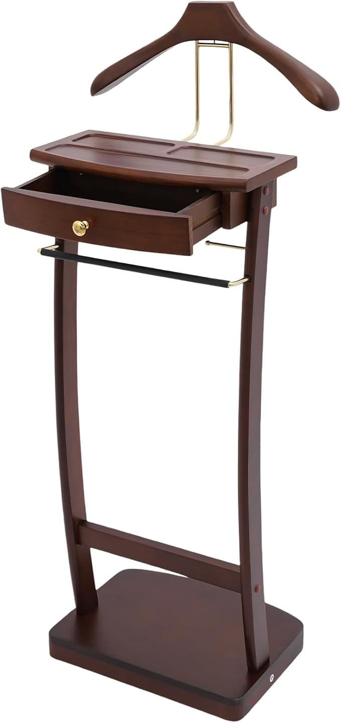 Suit Valet Stand Wood Valet Stand for Man, Wooden Clothing Valet Stand with Contour Hanger, Drawer, Trouser Bar, Tie Bar and Base, Mens Valet Stand for Entryway Office Living Room