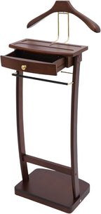 Valet Stand for Man and Women, Wood Suit Rack Suit Valet Stand with Top Tray, Storage Drawer, Bottom Shoe Rack, Freestanding Clothes Rack for Living Room, Bedroom, Office, Black (Walnut Color)