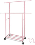 Fishat Portable Pink Double Rods Garment Rack with Rolling Clothes Organizer on Lockable Wheels Mobile for Gilr Women, 48" W x 15" D x 67" H, Metal Simple Hanging Clothes with 2 Hook