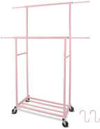 Fishat Portable Pink Double Rods Garment Rack with Rolling Clothes Organizer on Lockable Wheels Mobile for Gilr Women, 48" W x 15" D x 67" H, Metal Simple Hanging Clothes with 2 Hook