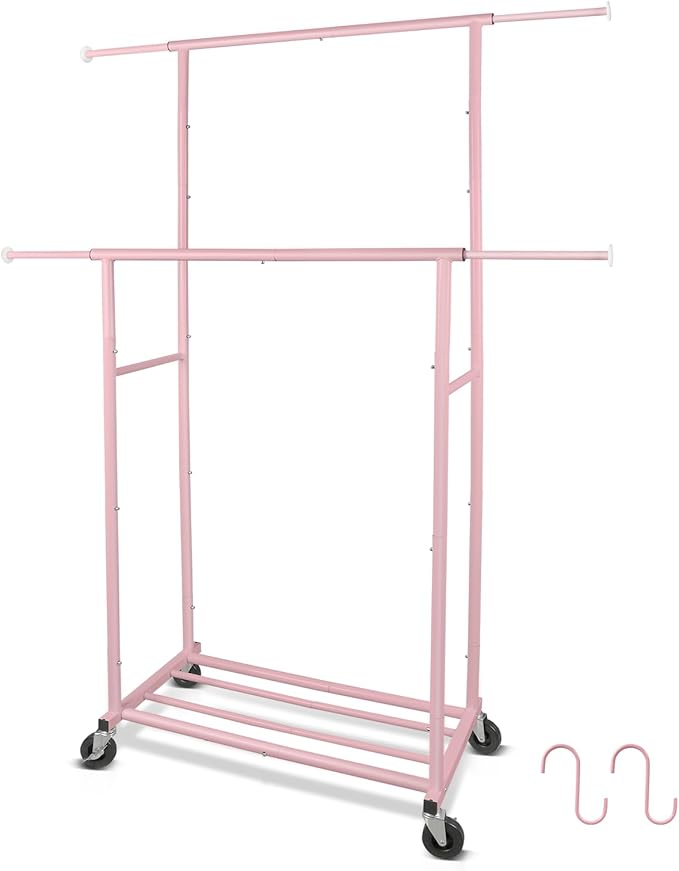 Fishat Portable Pink Double Rods Garment Rack with Rolling Clothes Organizer on Lockable Wheels Mobile for Gilr Women, 48" W x 15" D x 67" H, Metal Simple Hanging Clothes with 2 Hook