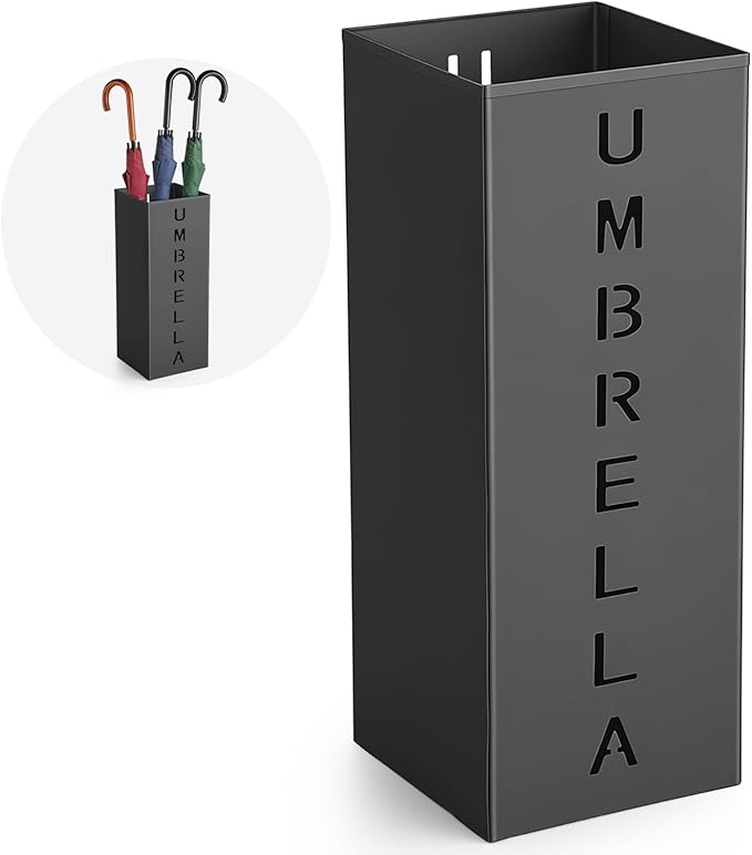 Square Metal Umbrella Holder Stand, Free Standing Umbrella Rack with Hollow Letter Pattern, Coated Steel Walking Stick Storage Bin for Indoor Entryway, Home, Office and Hotel
