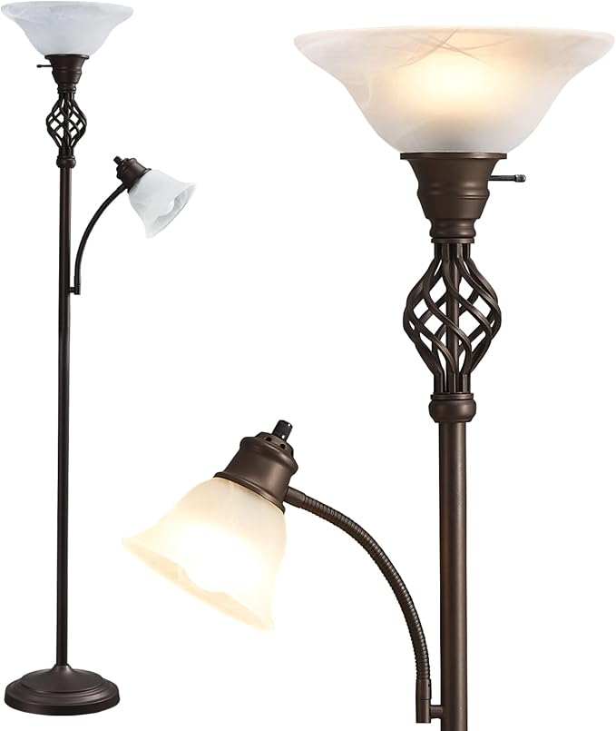GyroVu Torchiere Floor Lamp for Living Room, LED Standing Reading Light for Bedroom with Glass Shade for Living Room Corner Bedroom Home Office,Bulbs Included (Red Brown,Glass 2 Head)