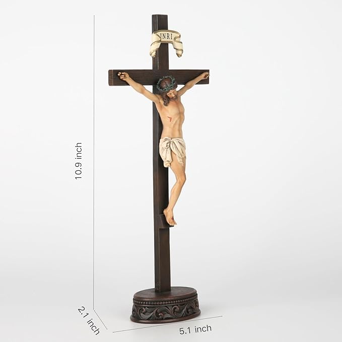 BC Catholic Crucifix Standing Cross, Jesus Christ tabletop Home Decor, Religious Gift, Wood Carve Looking, Realistic Finish, 10.9" H Hand Painted by Buildclassic