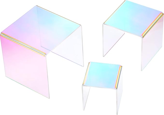 Chuangdi 2 Sets Acrylic Display Risers, Product Stand, Jewelry Display Riser Shelf Showcase Fixtures for Dessert Cupcake Candy Figure Treat Action Showcase(Rainbow Color,Medium Set)