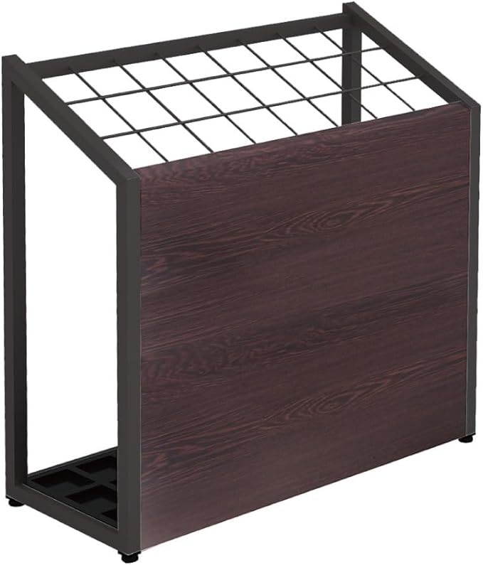 AKIRA Large Capacity Umbrella Stand for 24-Umbrellas Modern Brown Wood Grain & Black Metal Entryway Organizer Rack Holder for Office or Lobby, Model US-US-0625-BKDB