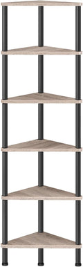 HOOBRO Corner Shelf Stand, Industrial 6-Tier Corner Bookshelf with Metal Frame, Plant Display Shelf, Bookcase for Small Spaces, Living Room, Greige and Black BG36CJ01
