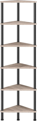 HOOBRO Corner Shelf Stand, Industrial 6-Tier Corner Bookshelf with Metal Frame, Plant Display Shelf, Bookcase for Small Spaces, Living Room, Greige and Black BG36CJ01