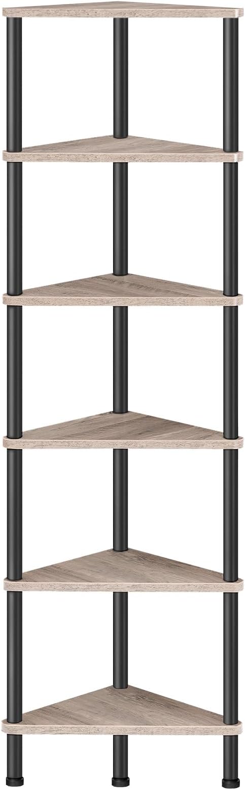 HOOBRO Corner Shelf Stand, Industrial 6-Tier Corner Bookshelf with Metal Frame, Plant Display Shelf, Bookcase for Small Spaces, Living Room, Greige and Black BG36CJ01
