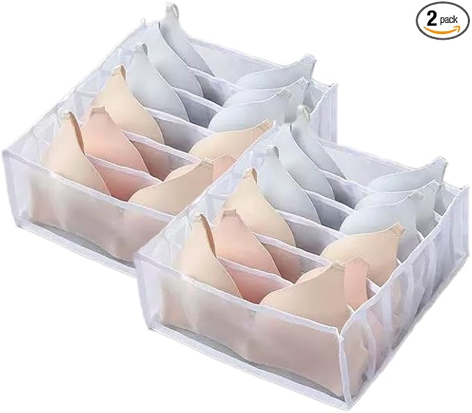 HSLFUAI Bra Organizer for Drawer, 2 Pack Bras Storage Organizer with Compartments, Drawer Organizer for Bras (White-6S-2PCS)