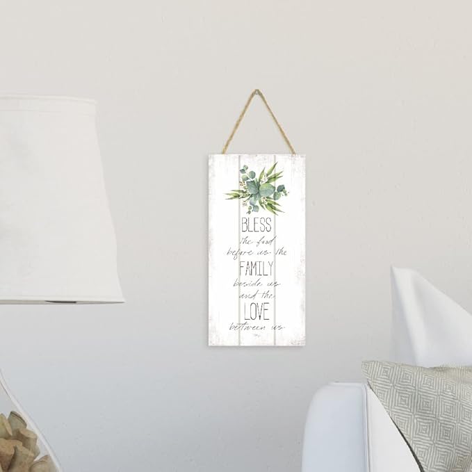 MRC Wood Products Bless The Food Before Us Wooden Plank Hanging Wall Decor Sign White Style 5x10