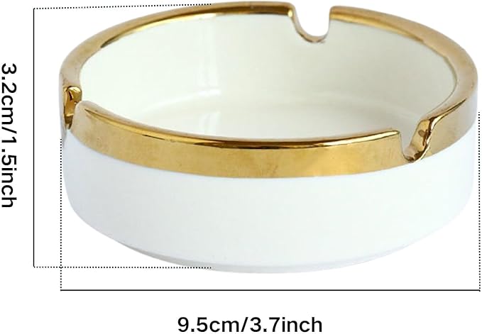 Saim Ceramic Cigar Ashtray for Men - Retro Round Desktop Ash Tray with Gold Edge, Anti-Slip Bottom, for Home Office Patio Outdoor Smoking (White)