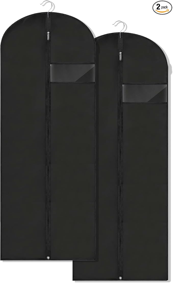 Dress Bags for Gowns Long, 60'' Garment Bags for Hanging Clothes, Suit Bag Cover for Storage and Travel, 2 Pack (Black)
