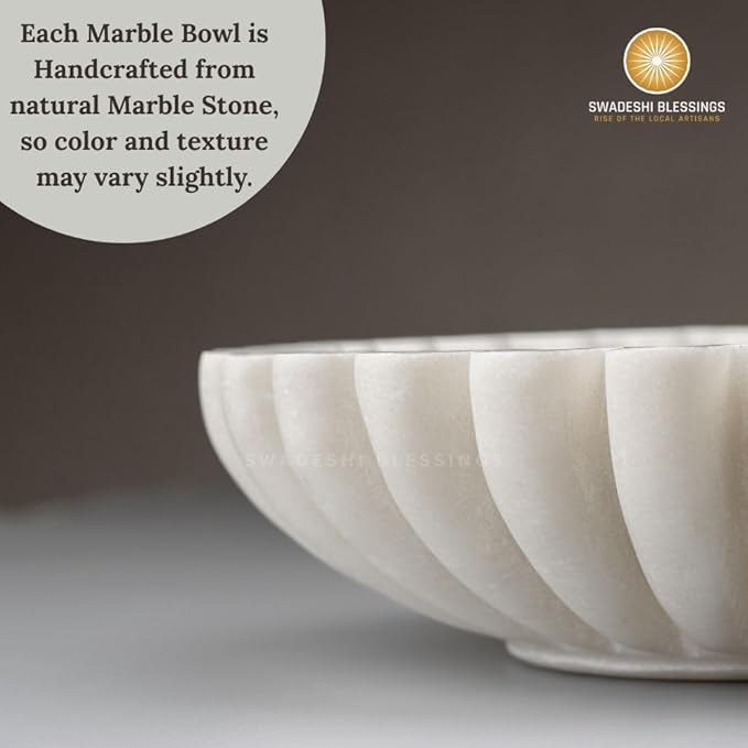 SWADESHI BLESSINGS HandCrafted Marble Ruffle Bowl/Antique Scallop Bowl/Fruit Bowl/Vintage Ring Dish/Decorative Flower Dish/HouseWarming Gift/Wedding Gifts/Urli (10 Inches)