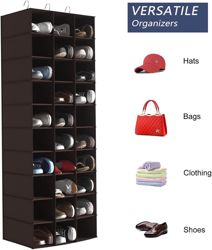coastal rose Hanging Shoe Closet Organizer, 30 Sections Hanging Closet Organizers and Storage Shelves, Space Saving Shoe Rack Holder Hanger, Coffee