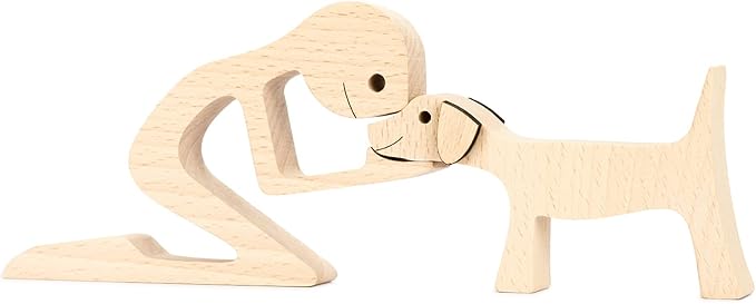 ISHINE Wood Decor Wooden Statue Man and Dog Figurine Handmade Carved Creative Home Office Gift for Men Women Accents Decoration Natural ECO Friendly 7x3 inches (A-Man Kisses Dog)