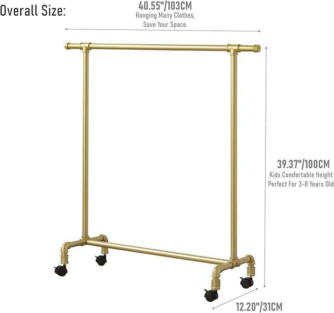 Kids Clothing Racks,Child Dress up Racks with Hooks, Metal Pipes Costumes Garment Hanging Racks,Small Rolling Clothes Racks,Freestanding and Portable Heavy Duty Kids Closet,Gold