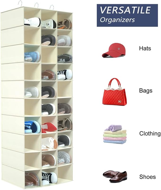coastal rose Hanging Shoe Organizer for Closet, 30 Sections Hanging Closet Organizers and Storage Shelves Space Saving Shoe Rack Holder, Beige, 17''W×11.5''Dx 48''H