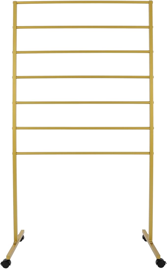 Scarf Organizer Stand, 7-Tier Freestanding Scarf Display Rack with Wheels, Metal Scarf Holder Belt Pants Hanger for Commercial Clothing Retail Store Home, 31.5" x 15.7" x 59"(Gold)