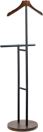 MyGift Modern Garment Valet Stand with Rustic Burnt Solid Wood Coat Clothes Hanger, Round Wooden Base, and Industrial Matte Black Metal Bag Holder for Women