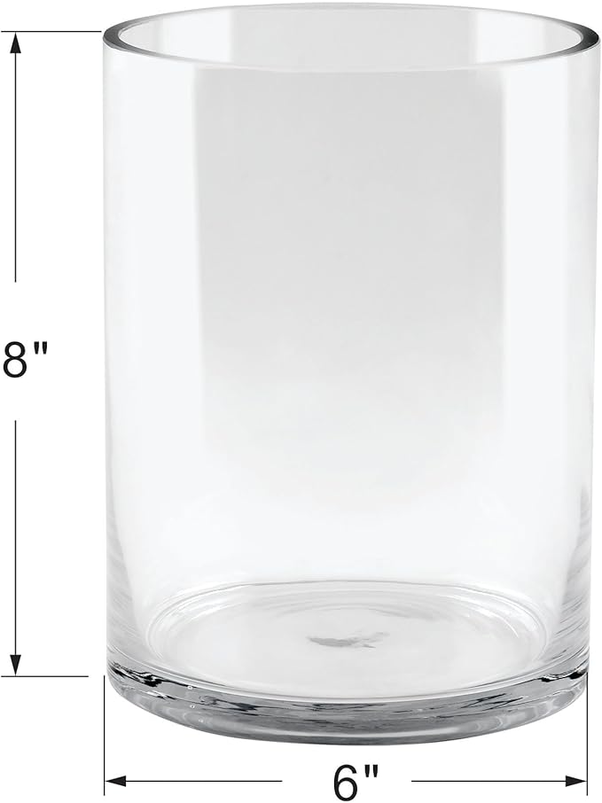 6" Wide 8" High Large Hand Blown Sturdy Clear Cylinder Glass Vase, Centerpiece Flower Vase for Rose, Tulip, Boquets, Hurricane Candle Holder (2, 6"x8")