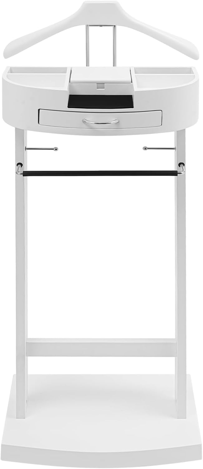 Suit Valet Stand for Men and Women, Wood Suit Stands Butler Clothing Rack, Floor Standing Clothes Valet with Drawer, Top Tray, Contour Hanger, Trouser Bar, Belt Hooks & Shoe Rack (White)