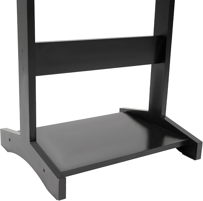 Wood Suit Valet Stand for Men, Clothes Organizer with Drawer, Accessory Tray, and Trouser Bar, Freestanding Suit Stand for Bedroom and Closet Organization, Black