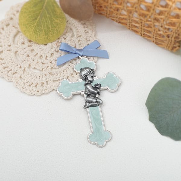 KOMI Baby Wall Cross Catholic Baptism Gifts for Boys Praying Boy Cross for Baptism First Holy Communion Christening Cross Decor