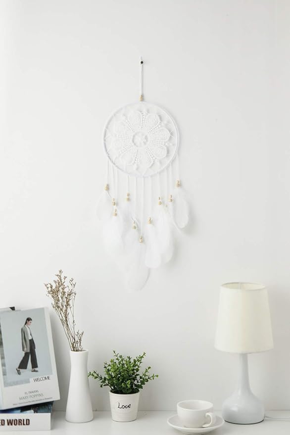 Dream Catchers White for Bedroom, Handmade Hanging Decorations White Feather Lace Dream Catcher Mobile for Girls Room Decor