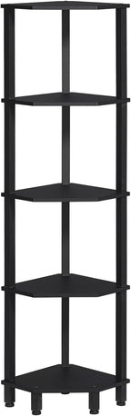 YUFAM 5-Tier Corner Shelf with Sturdy 5-Leg Base, Wooden Corner Bookshelf for Small Spaces, Corner Standing Shelf for Living Room, Bedroom, Office, Black