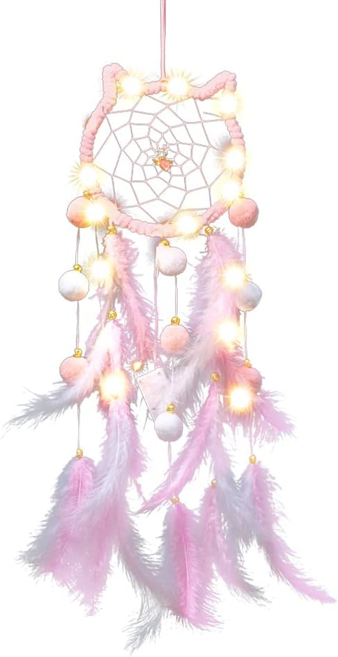 LED Light Up Feather Dream Catcher for Bedroom, Cat Shaped Lighted Dream Catcher with LED Fairy Lights for Girls Boys Kids Adults Room Decor Boho Decor Ornament Craft Gift