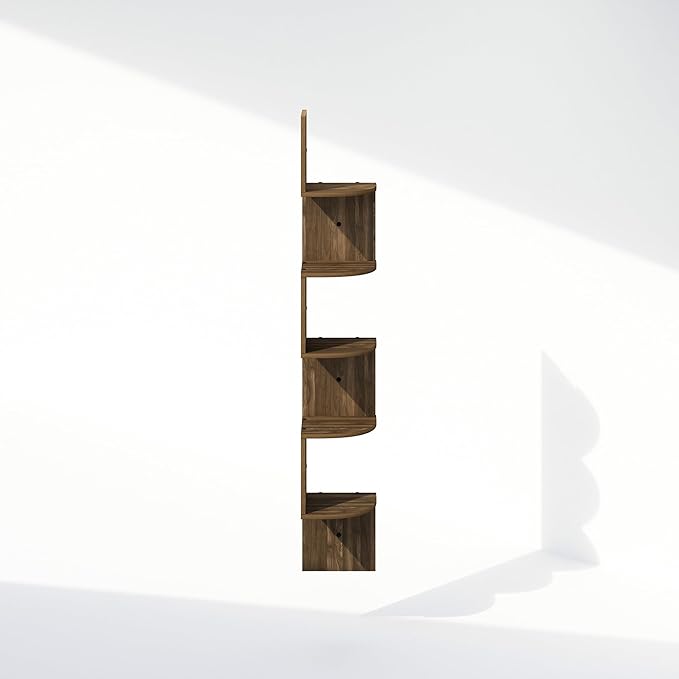Furinno Rossi 5-Tier Floating Corner Shelf for Wall, Corner Zigzag Shelf Wall Mounted, Radial Wall Mount Shelves, for Home Office, Living Room, Bedroom, Bathroom, Columbia Walnut
