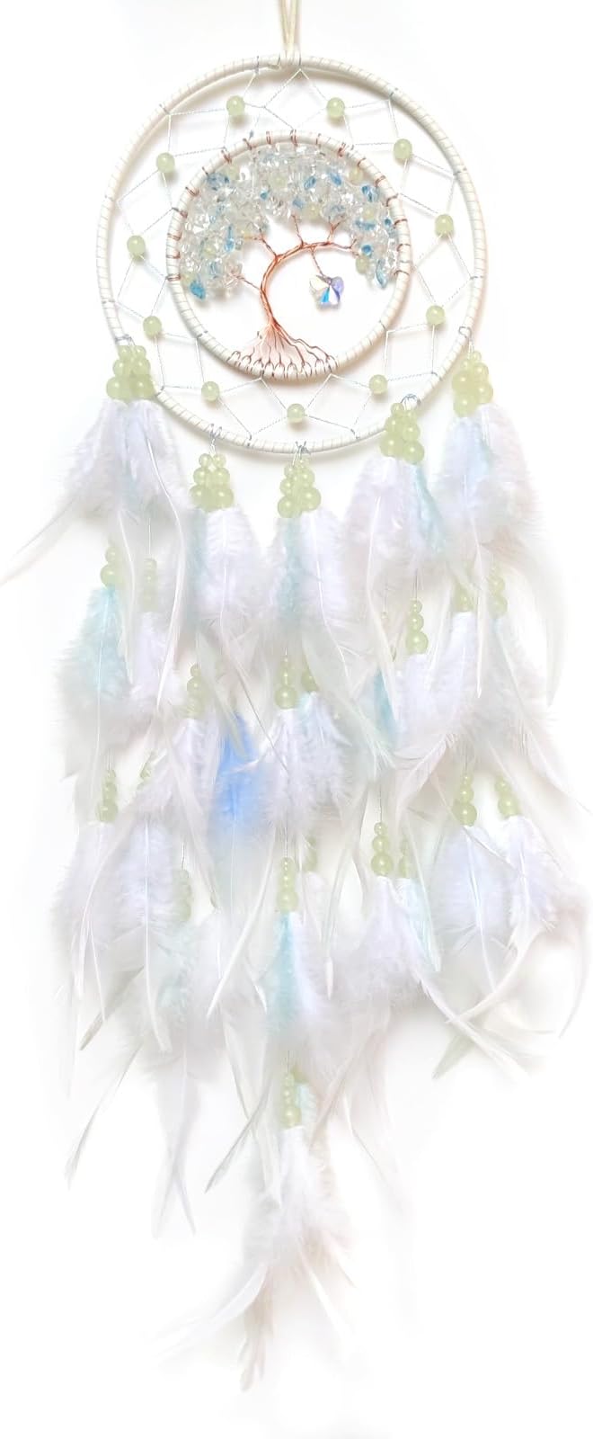 White Dream Catcher Wall Decor Crystal Tree of Life Dream Catchers with Luminous Bead Handmade Feather Dreamcatcher Wall Hanging Ornament for Bedroom Living Room Home Decor