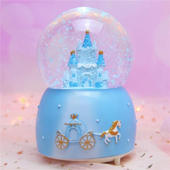 Snow Globe Castle Crystal Ball Automatic Snowfall Musical Rotate Crystal Ball with 7 Color Changing Lights Musical Castle Snowglobe for Kids Girls Boys