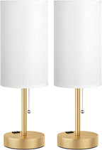 Fenmzee Plus Gold Bedside Lamps Set of 2-3 Color Temperatures Pull Chain Lamp with AC Outlet Charging Port, Round Night Stand Lamps for Bedroom, Bed Side Light with E26 LED Bulbs