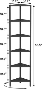 TUTOTAK Corner Shelf with LED Light, 6-Tier Corner Bookshelf for Small Space, Narrow Display Corner Shelf Stand with Storage Rack, for Living Room, Bedroom, Black BS05BK006L
