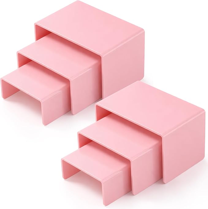 Chuangdi 2 Sets Acrylic Display Risers, Product Stand, Jewelry Display Riser Shelf Showcase Fixtures for Dessert Cupcake Candy Figure Treat Action Showcase(Pink,Small Set)
