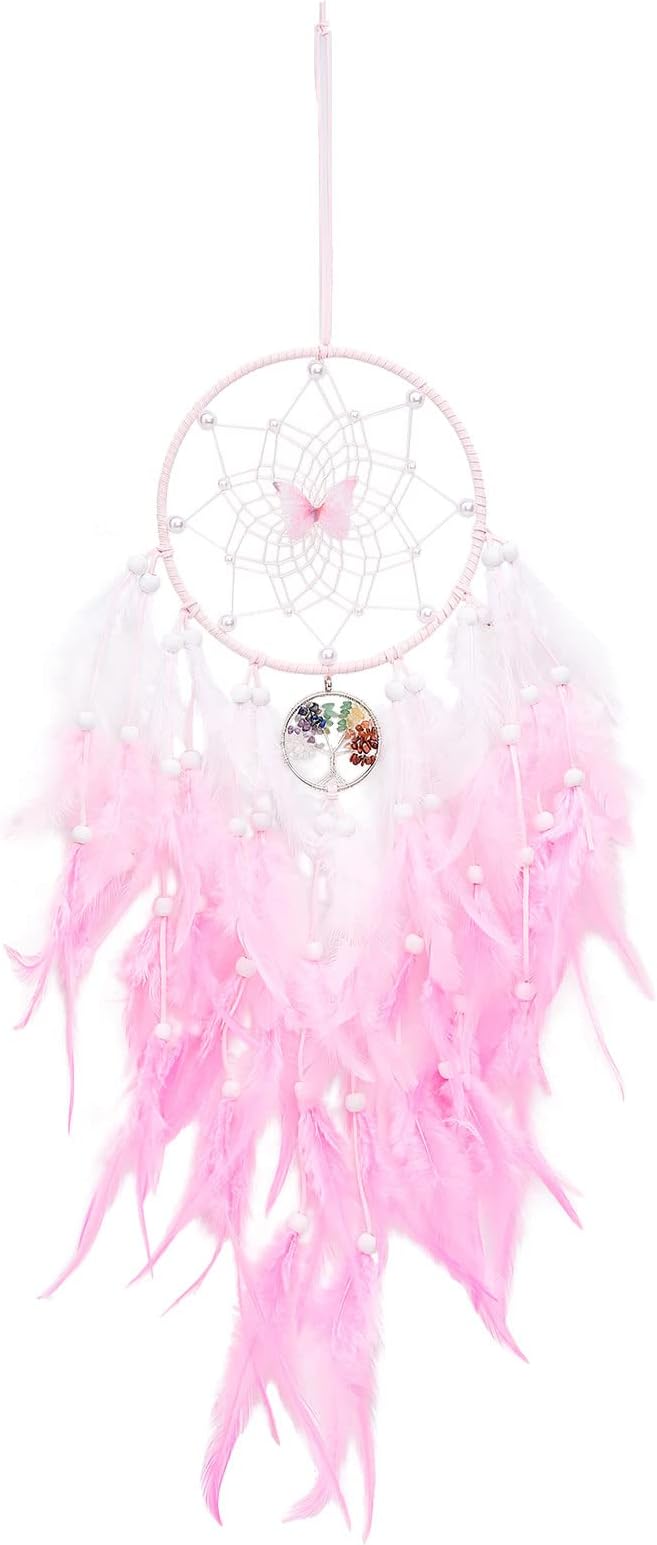 Dreamlike Butterfly Tree of Life Dream Catcher Wall Decor Pink Dream Catcher with Crystal Stone Handmade Feather Dreamcatchers Home Decor Wall Hanging for Girls Bedroom Wedding Craft Gift-29.5"