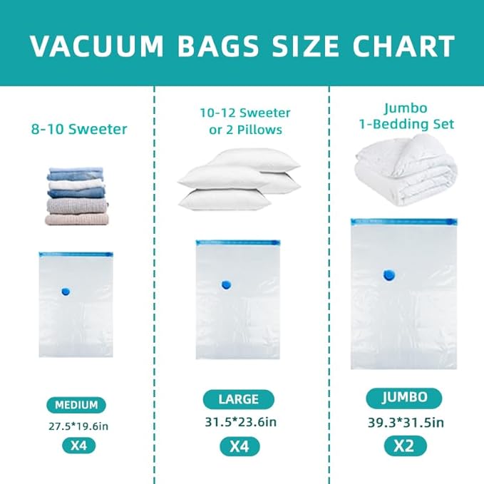 Vacuum Storage Bags, 10 Pack with Electric & Manual Pump, Space Saver Compression Bags for Clothes, Blue and White, Nylon, 4 Medium 4 Large 2 Jumbo, (Hand Pump)