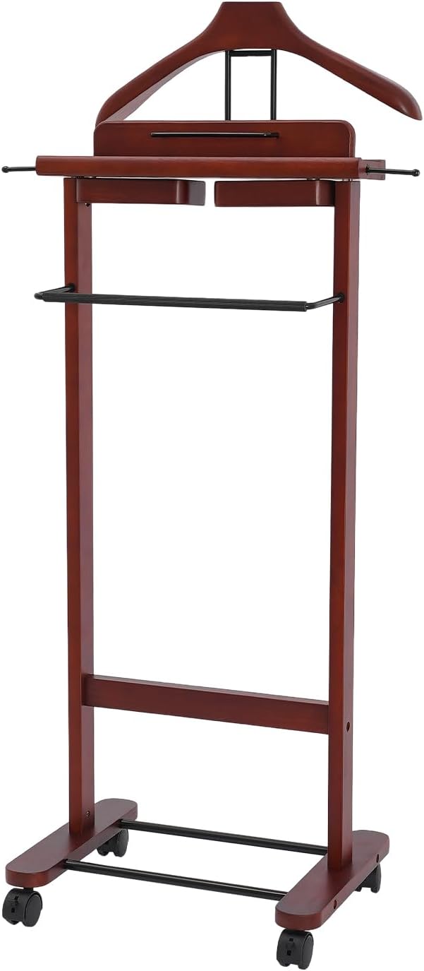 Clothes Valet Stand, Wood Valet Stand Suit Rack Stand with Drawer for Men/Women, Contour Hanger, Trouser Bar, Belt Hooks Shoe Rack, Freestanding Valet Stand (Reddish Orange)