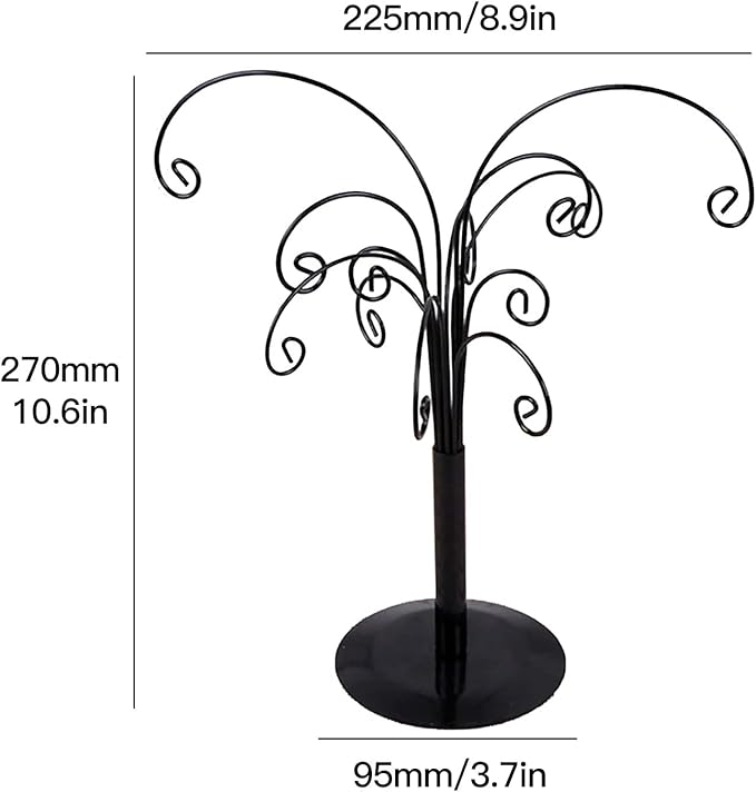 10.6 inch Ornament Tree Display Stand Rotating Decor, Decorative Black Metal Tabletop Display Stand Features Multiple Hooks, Display Rack for Ornaments Glass Globes Balls and Small Craft Items (2PCS)