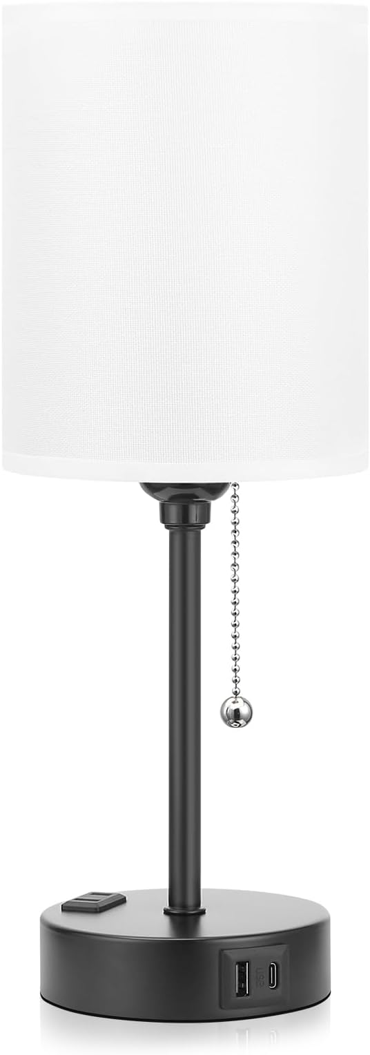 Small Bedside Table lamp for Bedroom - 3 Color Temperatures Bedside Lamps with USB C and A Ports, Pull Chain Table Lamps with AC Outlet, White Nightstand Lamps with Black Metal Base for Kids Reading