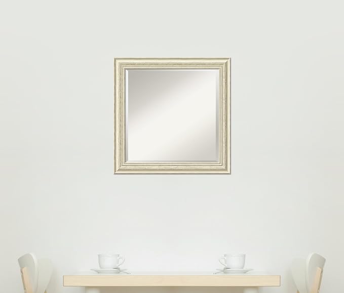 Amanti Art White Wall Mirror 24x24 Country White Wash Square Bathroom Mirror for Wall Decor Living Room, Medium Country Rustic Wood Frame, Hangs Horizonally and Vertically, Bathroom Decor, Beveled