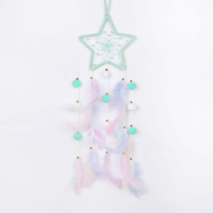 Pretty Jolly Green Star Kids Dream Catcher Wall Decor Pompom Feather Baby Dreamcatcher Handmade Children Dream Catcher Home Décor Wall Hanging for Nursery Bedroom Boys Girls Birthday Gift-25.6in