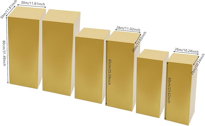 6Pcs Square Display Pedestal Stands Set for Party, Metal Display Stand Plinth Pillars, Cake Stands Pillars for Wedding Birthday Art Decor Risers, 11.8*31.5" (L), 11.02*25.6" (M), 10.24*23.6" (S)